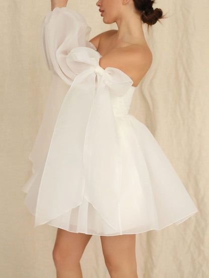 A-Line/Princess Off-The-Shoulder Bow Long Sleeves Mini Wedding Dress