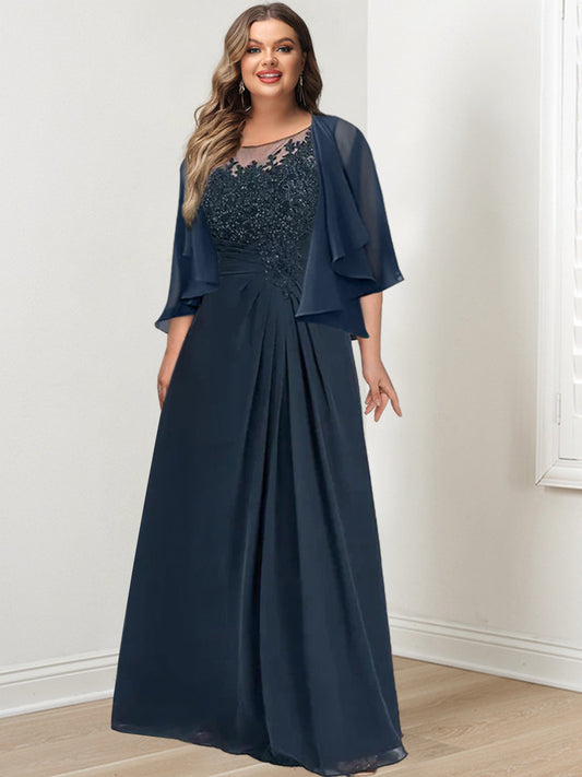 A-Line/Princess Scoop Floor-Length Plus Size Mother of the Bride Dresses with Pleated & Sequins