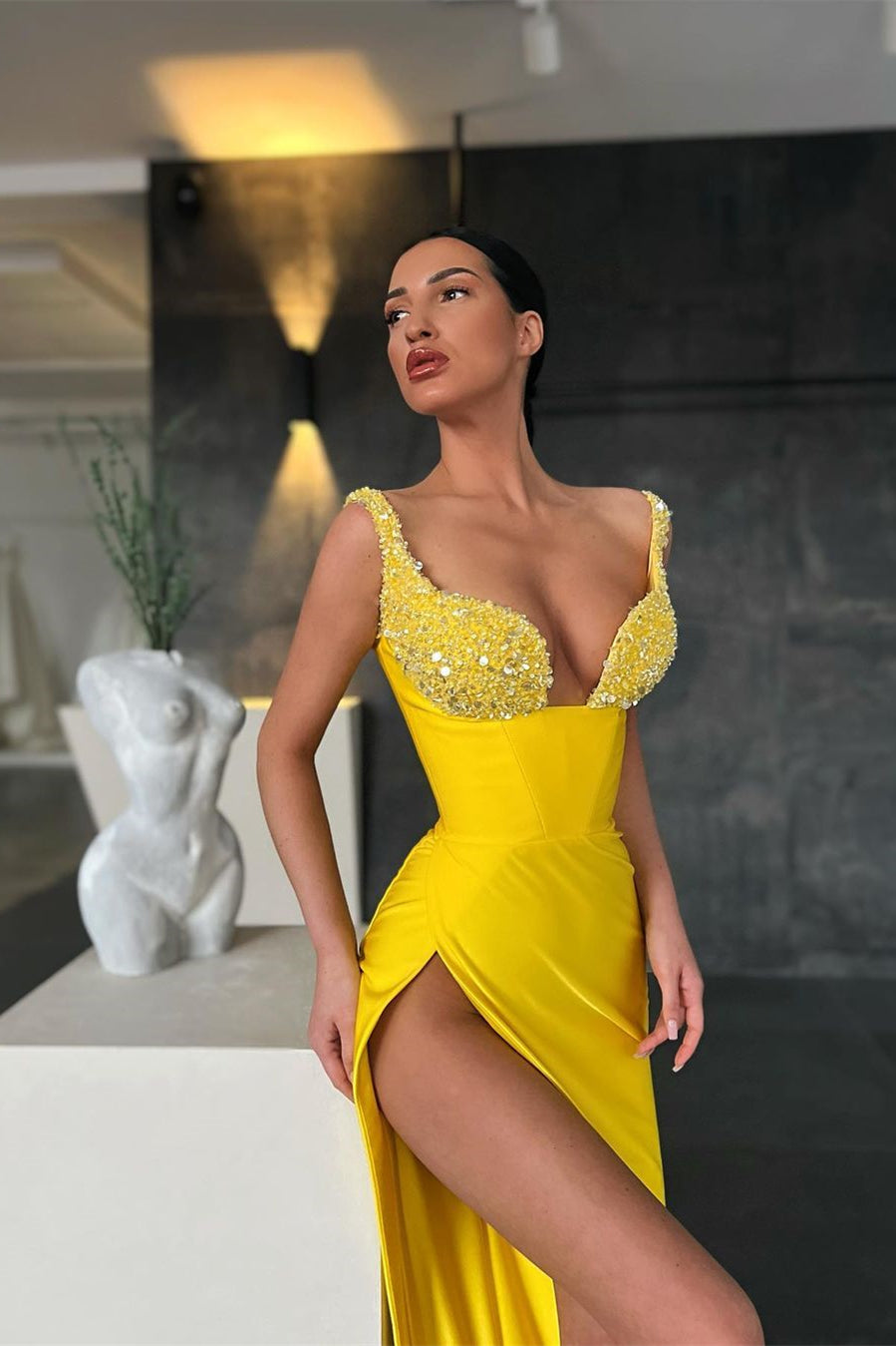 Yellow Sequins Straps Mermaid Prom Dress With Slit PD0445