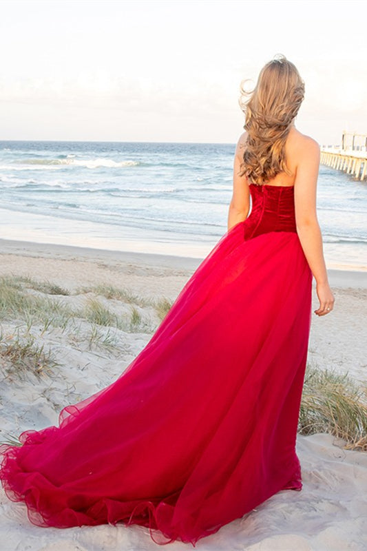 Burgundy Tulle V-Neck Prom Dress Velvet PD0210