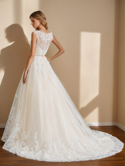 A-Line/Princess Sweetheart Neck Sleeveless Floor-Length Long Wedding Dresses with Appliques