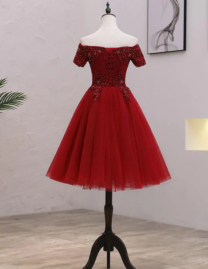 Tulle Dark Red Off The Shoulder Knee Length Homecoming Dress, Red Party Dress gh490