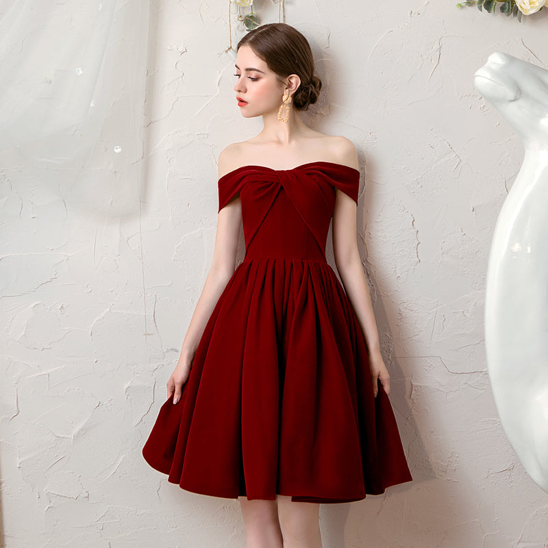 Cute burgundy velvet short prom dress, homecoming dress  8115