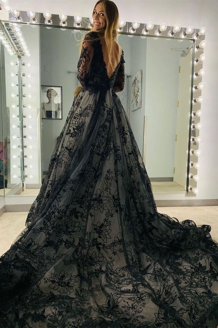 Black Appliques Illusion Long Sleeves Deep V Neck Long Wedding Dress gh2759