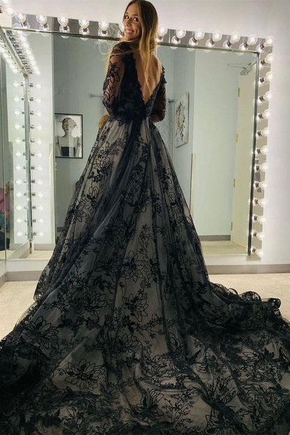 Black Appliques Illusion Long Sleeves Deep V Neck Long Wedding Dress gh2759