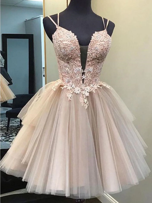 Short Backless Champagne Lace Prom Dresses, Short V Neck Champagne Lace Graduation Homecoming Dresses  gh1763