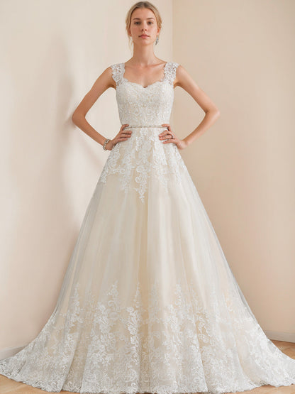 A-Line/Princess Sweetheart Neck Sleeveless Floor-Length Long Wedding Dresses with Appliques