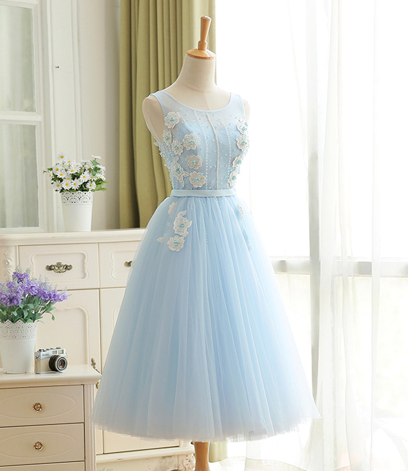 Blue tulle lace short prom dress A line homecoming dress  10577