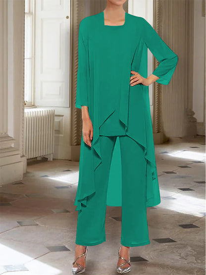 Chiffon Round Neck 3/4 Length Sleeves Ankle-Length Mother of the Bride Pantsuits with Jacket