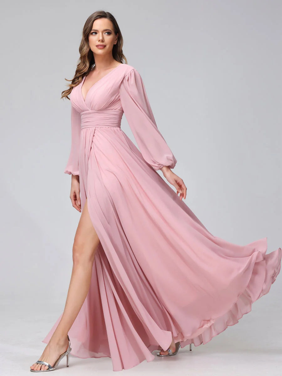 A-Line/Princess V-Neck Long Sleeves Floor-Length Bridemaid Dresses With Split Side & Pockets