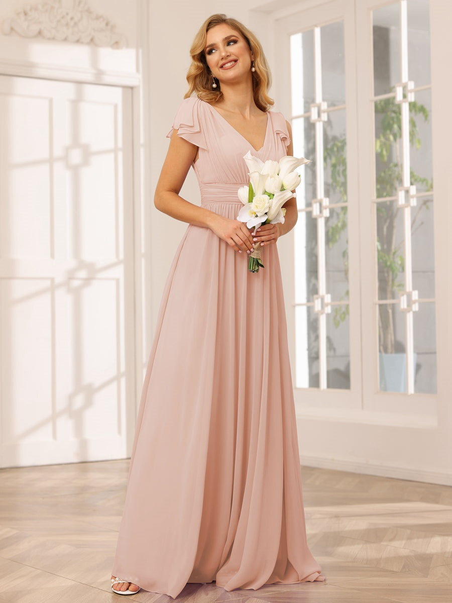 A-Line/Princess V-Neck Short Sleeves Long Bridesmaid Dresses with Ruffles