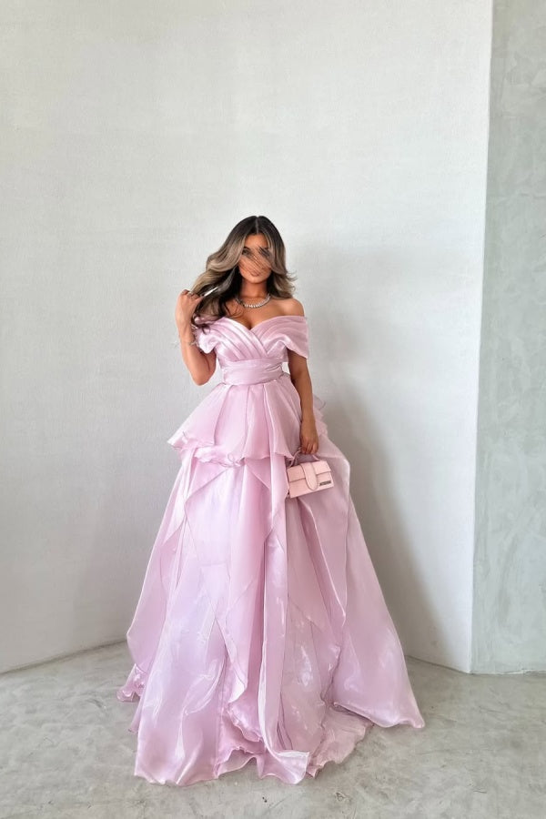 Pink Off-The-Shoulder Mesh Pleated Prom Dress ZT0478