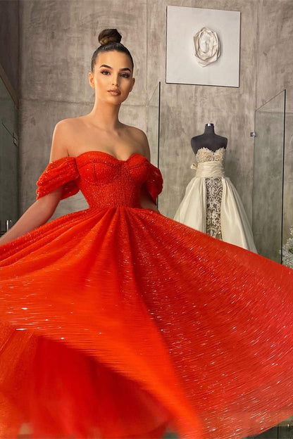 Off-the-Shoulder Red Sequins Prom Dress PD0529