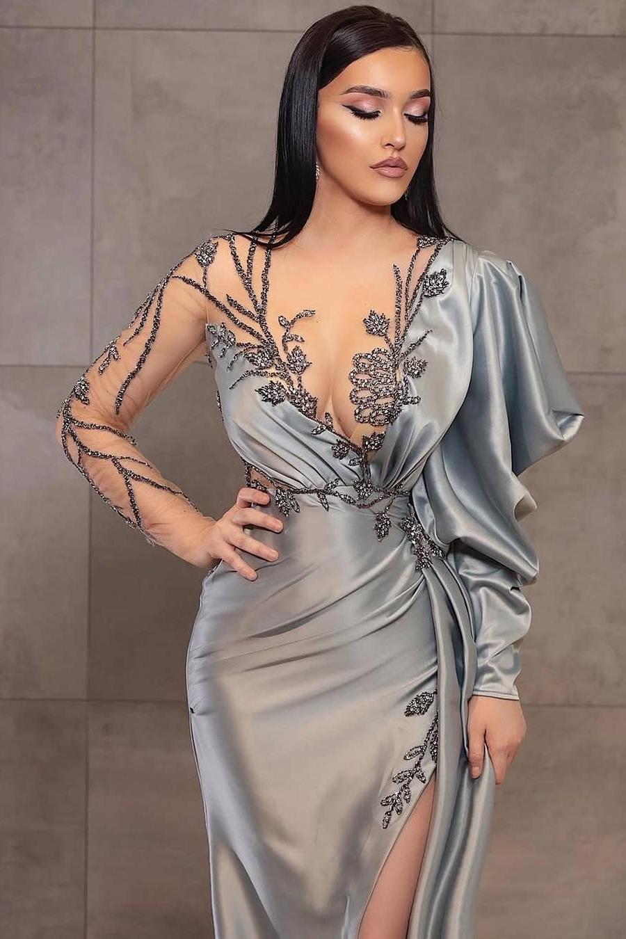 edgynewlook Glamorous Satin Long Sleeves V Neck Long Slim Split Prom Dress with Beadings