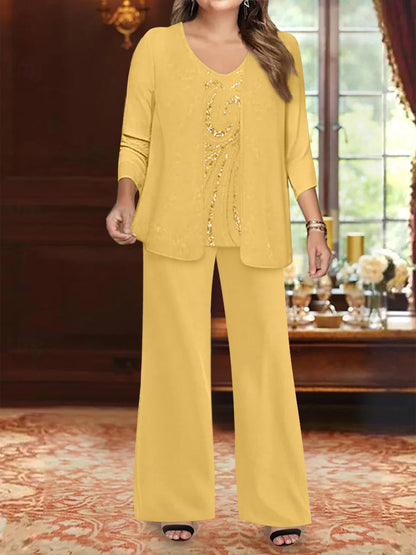 Chiffon V-Neck Floor-Length 3 Pieces Plus Size Mother of the Bride Pantsuits with Jacket & Sequins