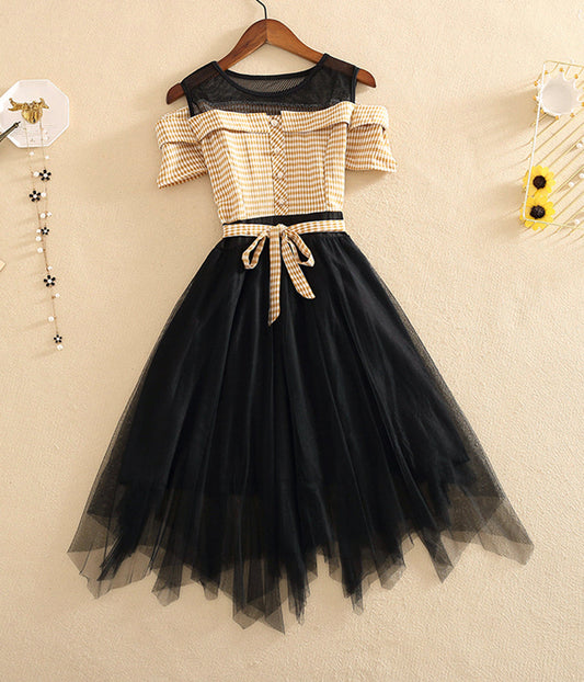 Fashion girl dress A line plaid tulle dress  1235