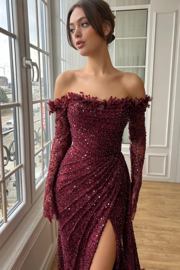 edgynewlook Burgundy Strapless Long Sleeves Lace Prom Dress with Sequins