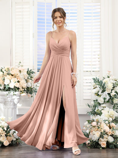 A-Line/Princess V-Neck Spaghetti Straps Sleeveless Floor-Length Chiffon Bridesmaid Dresses with Split Side