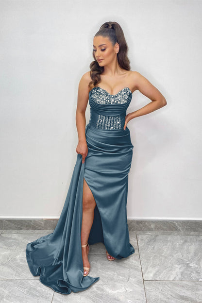 Champagne Sweetheart Beadings Prom Dress Mermaid Split ED0007