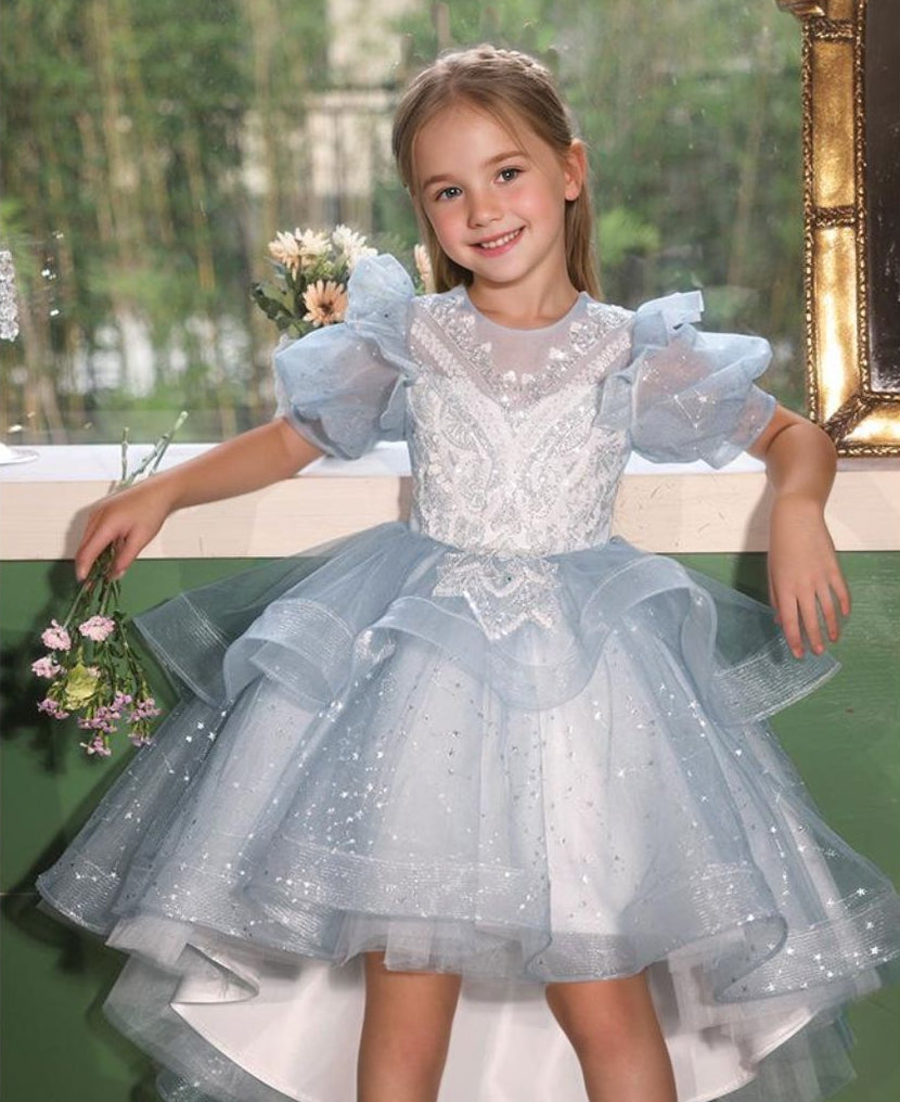 Short Sleeves High Low Round Neck Flower Girl Party Dress with Rhinestone Appliques