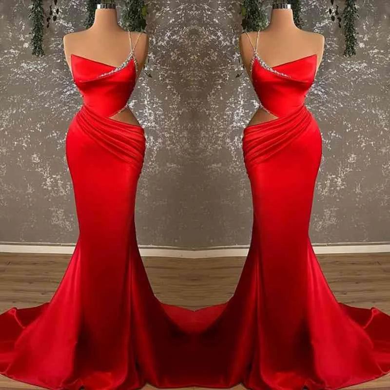 One Shoulder Spaghetti Strap Red Prom Dress Slim Mermaid Dress ED0749