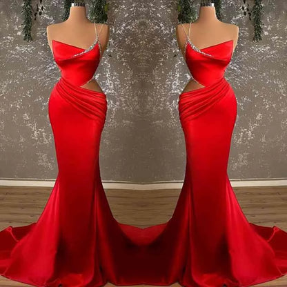 One Shoulder Spaghetti Strap Red Prom Dress Slim Mermaid Dress ED0749