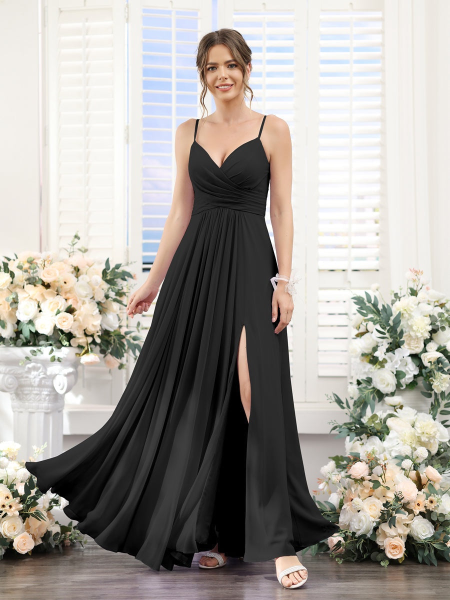 A-Line/Princess V-Neck Spaghetti Straps Sleeveless Floor-Length Chiffon Bridesmaid Dresses with Split Side