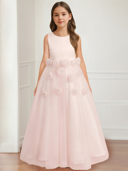 A-Line/Princess Round Neck Sleeveless Floor-Length Flower Girl Dress with 3D floral pattern