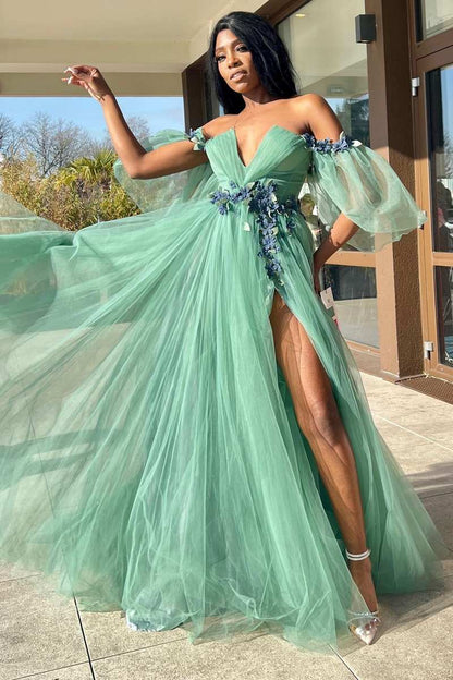 Whitley | Green Tulle 3D Floral Lace Off-the-Shoulder A-Line Long Prom Dress