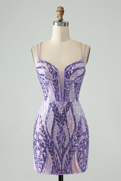 Sparkly Dark Purple Spaghetti Straps Corset Short Unique Homecoming Dress with Sequins