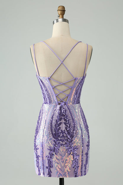 Sparkly Dark Purple Spaghetti Straps Corset Short Unique Homecoming Dress with Sequins