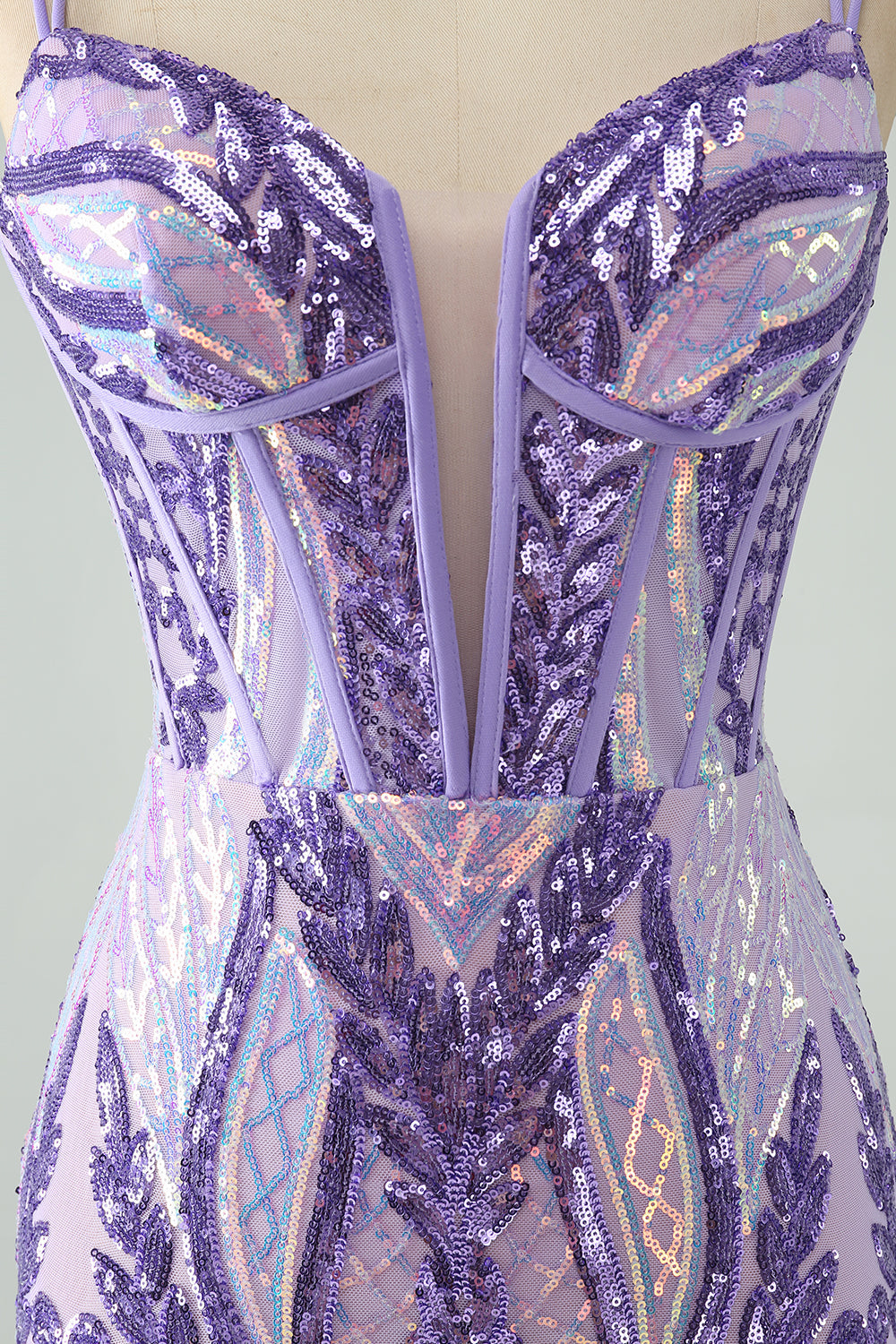 Sparkly Dark Purple Spaghetti Straps Corset Unique Homecoming Dress with Sequins