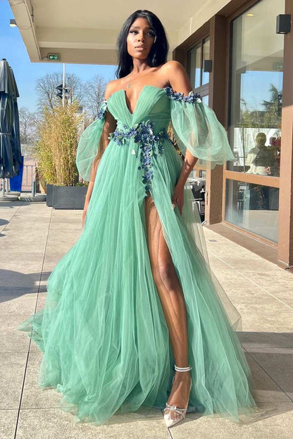 Whitley | Green Tulle 3D Floral Lace Off-the-Shoulder A-Line Long Prom Dress