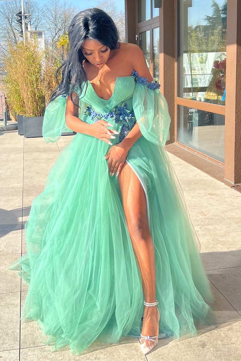 Whitley | Green Tulle 3D Floral Lace Off-the-Shoulder A-Line Long Prom Dress