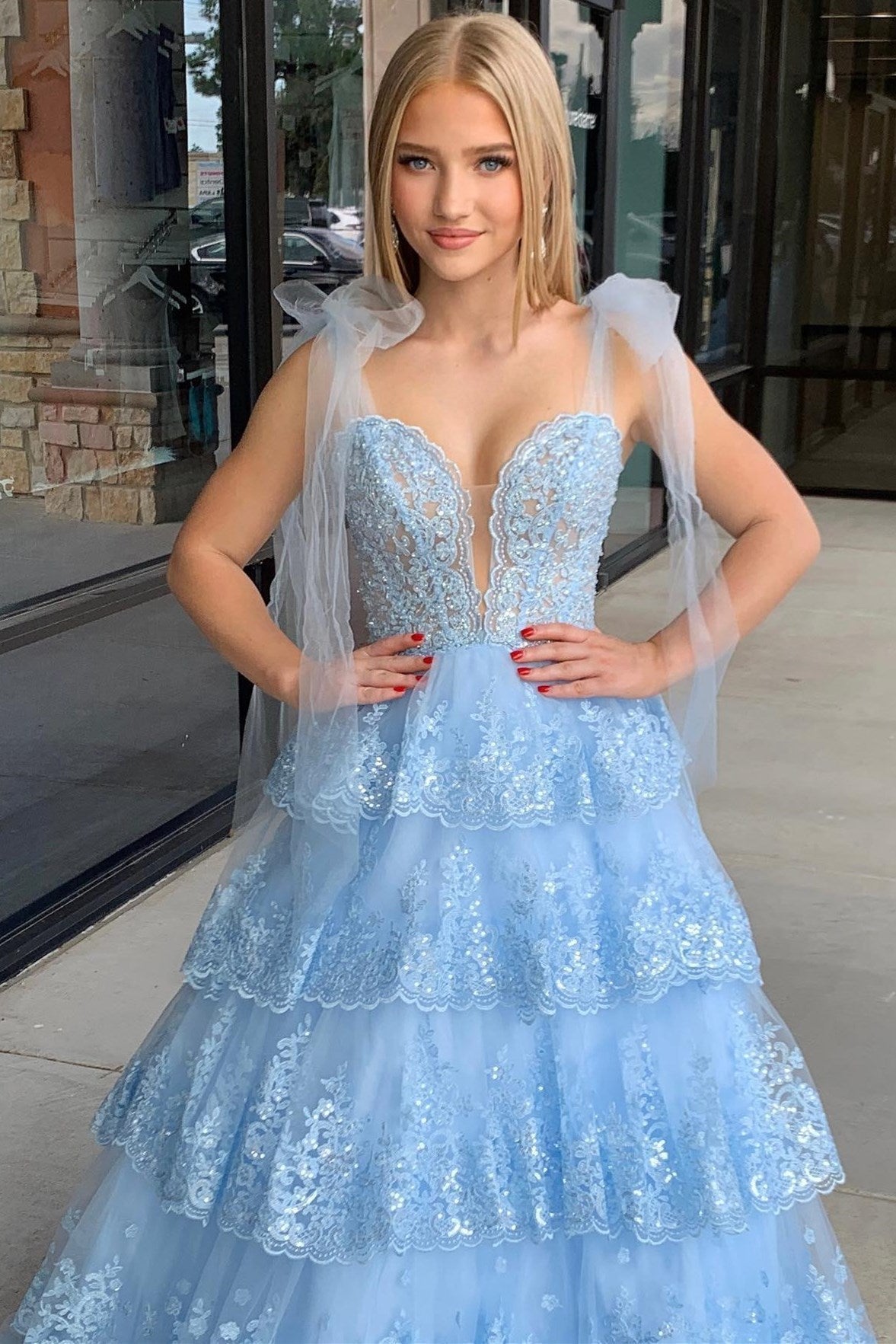 Thelma | Light Blue Tulle Appliques Tying Strap Ruffle Tiered Long Prom Dress