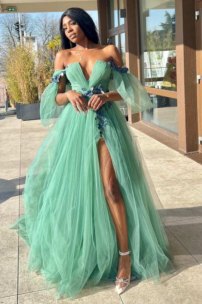 Whitley | Green Tulle 3D Floral Lace Off-the-Shoulder A-Line Long Prom Dress