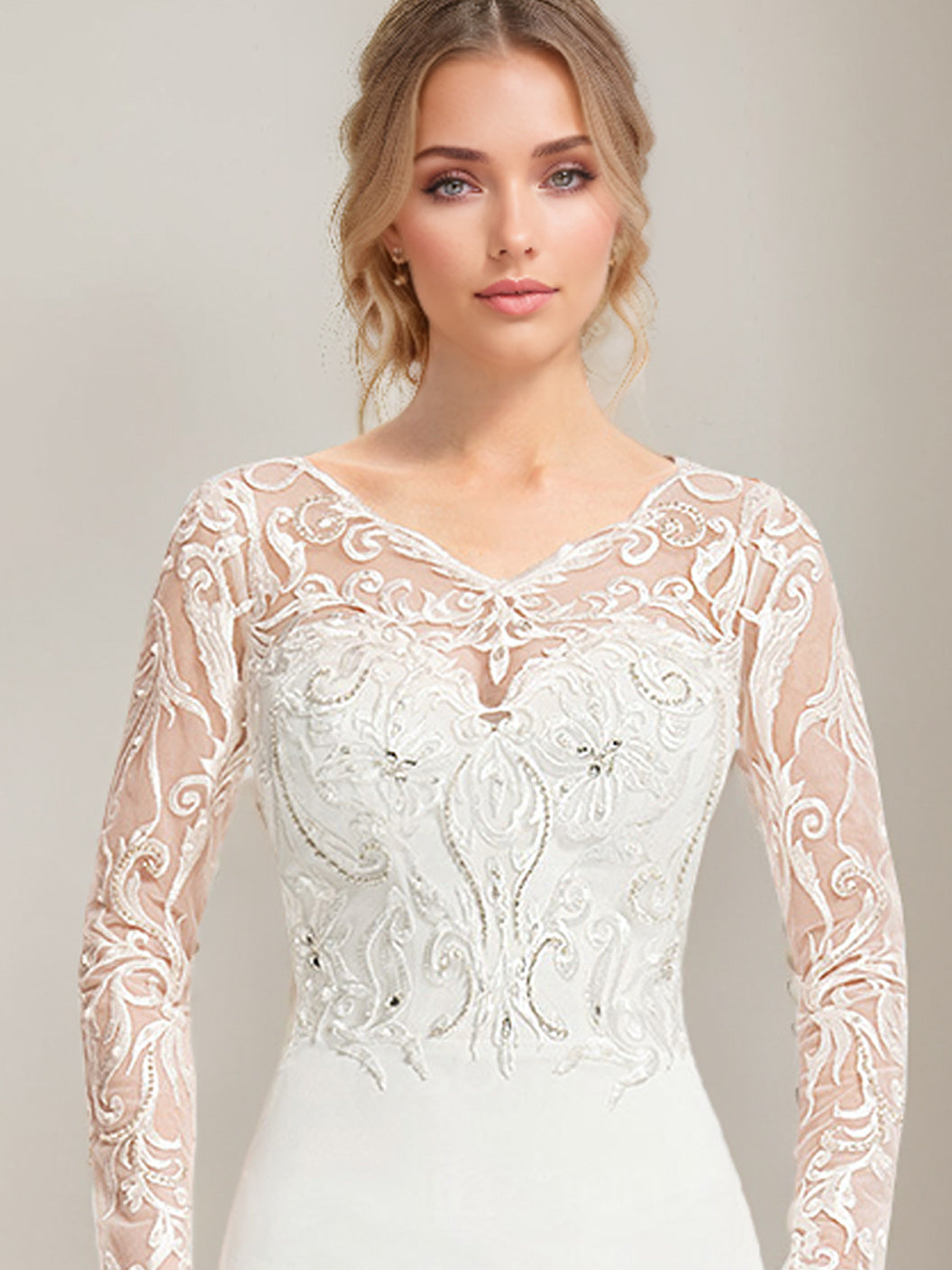 Trumpet/Mermaid V-Neck Long Sleeves Floor Length Lace Wedding Dress with Appliques