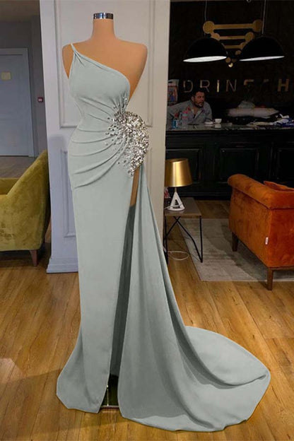 Green One-Shoulder Sleeveless Beadings Mermaid Prom Dress Split ED0025