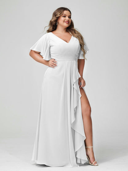 A-Line/Princess V-Neck Half Sleeves Chiffon Plus Size Bridesmaid Dresses with Split Side & Ruffles