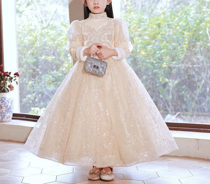 High Neck Long Sleeves Winter Lace Girl Party Dresses with Rhinestone Appliques