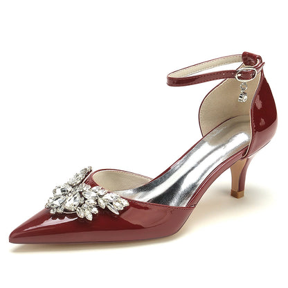 Women's Wedding Shoes Patent Leather Crystal Mid Pointed Toe Buckle Bridal Shoes