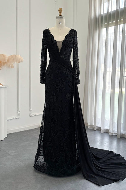 Edgynewlook Black V Neck Mermaid Prom Dress Long Sleeves With Appliques Ruffles