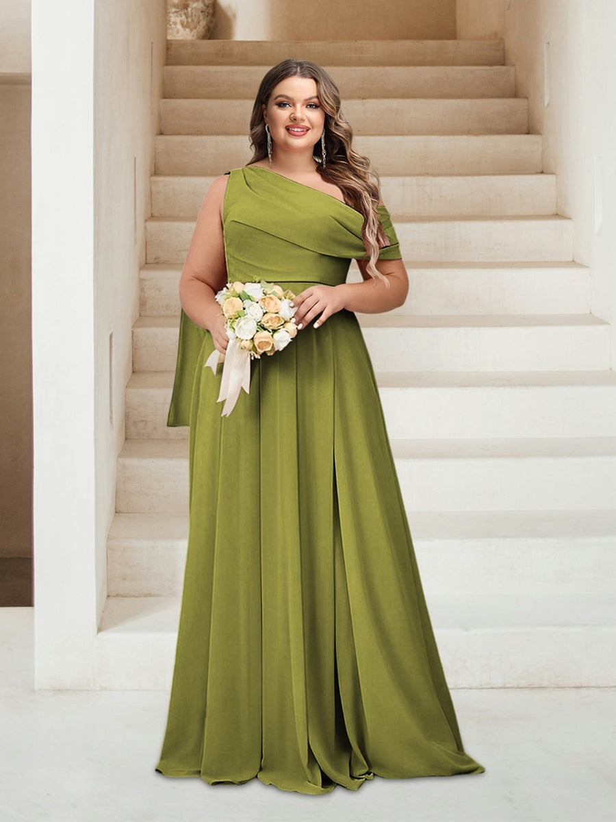 A-Line/Princess One-Shoulder Floor-Length Sleeveless Plus Size Bridesmaid Dresses