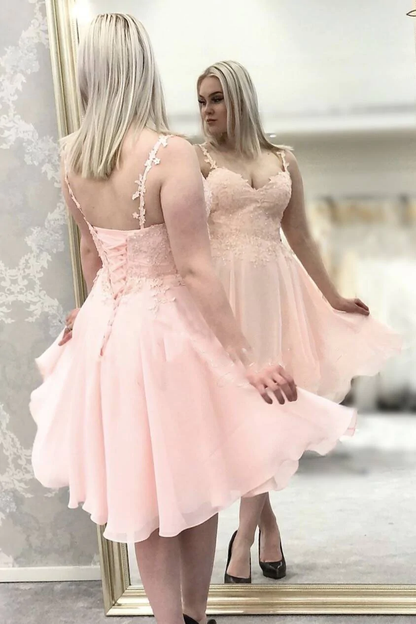 Pink Spaghetti Straps Lace Appliques Short Homecoming Dress  gh1552