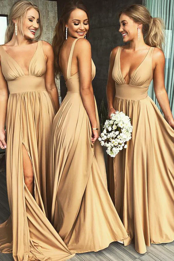 Gold V Neck Long Bridesmaid Dress with Slit  gh2080