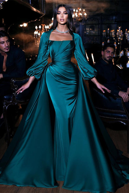 Emerald Square Long Sleeves Mermaid Prom Dress With Ruffles PD0737