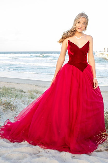 Burgundy Tulle V-Neck Prom Dress Velvet PD0210