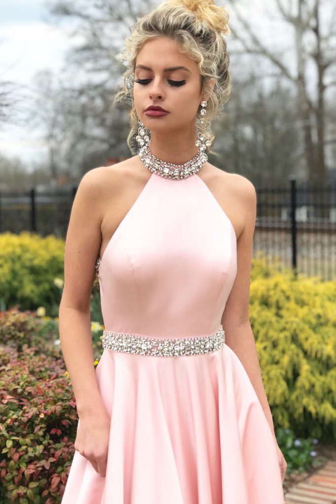 Pink Halter Sleeveless Mermaid Prom Dress With Beads PD0602