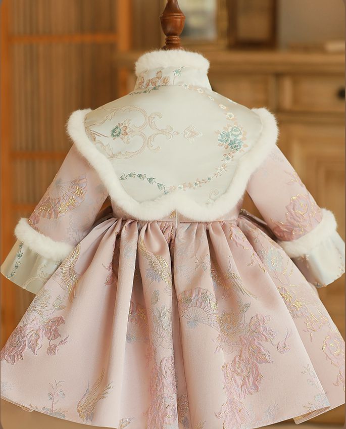 Tea Length High Neck Winter Long Sleeves Embroidery Baby Girl Dress with removed Scarf