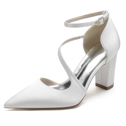 Women's Wedding Shoes Silk Satin Block Pointed Toe Buckle Minimalism Bridal Shoes